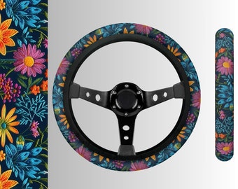 ピンクの花の刺繍のステアリングホイールカバー、花柄の伸縮性のある