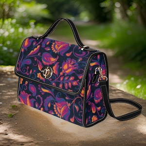 Cartable totem floral, sac à main végétalien magenta noir, sac à main en toile abstraite bohème, sac à bandoulière Cottagecore, sac à bandoulière en cuir végétalien
