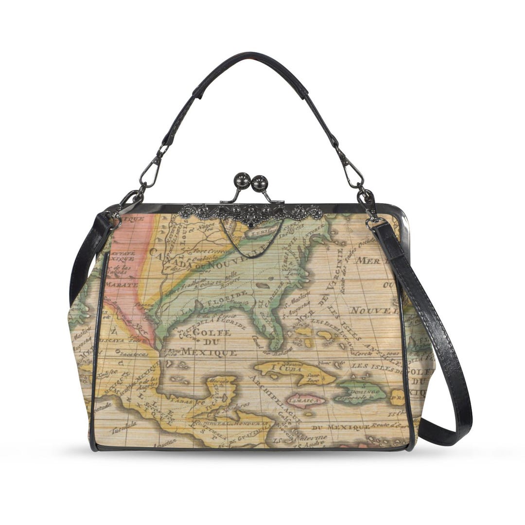 Vintage Map Handbag, Kiss Lock Crossbody Bag Vegan Leather: Age of Discovery, Middle America ...