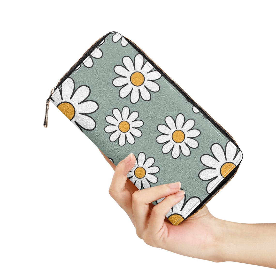 Wallet for Women Sage Green, Daisy Zipper Wallet Cute, Boho Floral ...