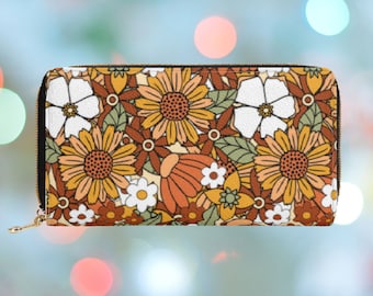 Hippie Floral Zipper Wallet, Retro Flowers Women’s Wallet, Cute Vegan Leather Purse, Large Wallet, Wallet, Flower Power Purse, Gift  for Her