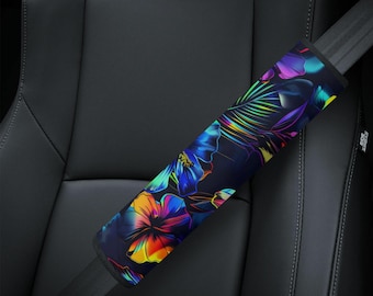 Hibiscus Neon Car Seat Belt Cover, Boho Belt Cover, Aloha Car Accessories