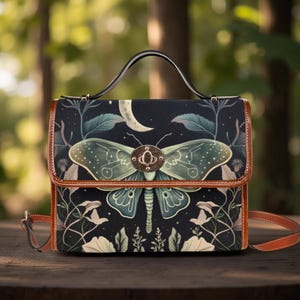 Wildflower Moth Satchel Bag Celestial Handbag Mystical Handbag Boho Moon Crossbody Bag Vegan Leather Purse Witchy Bag Bookish Gift for Her