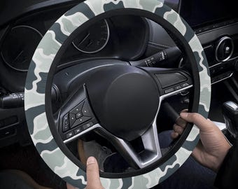 Monochrome Camo Steering Wheel Cover, Cute Car Wheel Cover, Gray Car Accessories, White Car Decor Camouflage
