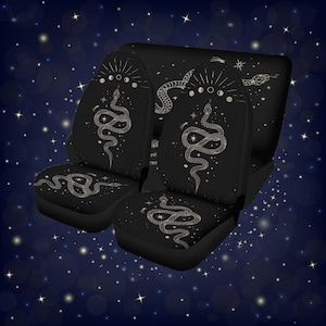 Boho Celestial Snake Car Seat Cover for Vehicle, Moon Phase Car Seat Covers Full Set for Women, Esoteric Beige Design on Black Seat Covers