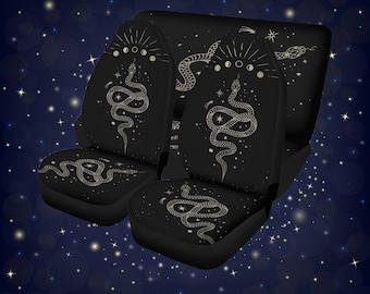 Boho Celestial Snake Car Seat Cover for Vehicle, Moon Phase Car Seat Covers Full Set for Women, Esoteric Beige Design on Black Seat Covers