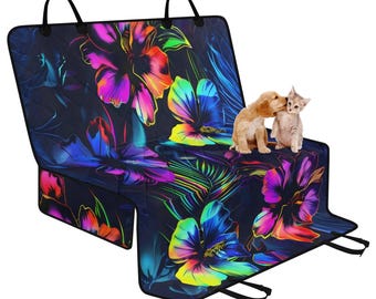 Hibiscus Neon Pet Seat Cover for Car, Dog Car Seat Covers for Vehicles, Aloha Car Accessories Boho, Cute Car Decor Black