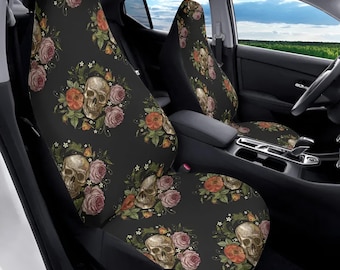 Schädel Rosen Autositzbezug Komplettset, Gothic Autositzbezüge für Frauen, Gothic Sitzbezug für Fahrzeug, Autoabdeckung für Sitze, Ästhetisches Autodekor