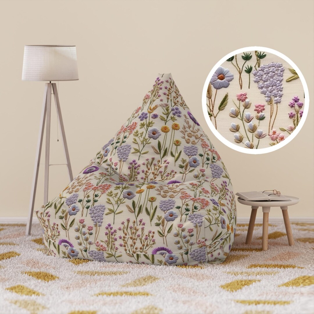 Lavender Bean Bag Cover Faux Embroidery Wild Flowers Bean Bag Etsy