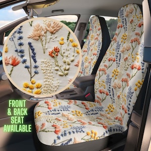 Wildflower Branches Car Seat Covers: Faux Embroidery, Boho Floral Cottagecore Design