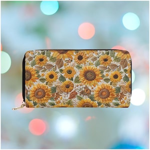 Sunflower Meadow Wallet for Women Floral Zipper Wallet with Coin Pocket Cute Vegan Leather PU Purse Vegan Gift for Her FAUX Embroidery