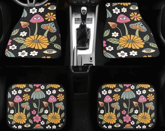 Alfombrillas para coche, Juego de alfombrillas de coche con estampado de setas, Alfombrillas de coche magenta y negras para mujer, Alfombrillas de coche estilo boho, Alfombrillas de coche bonitas, Alfombrillas para coche, Estilo cottagecore