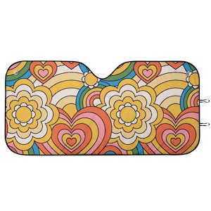 Psychedelic Floral Heart Windshield Sun Shade, Trippy Windshield Sunshade, Fun Sunshade for Car, Colorful Sun Visor for Windshield, Car Gift