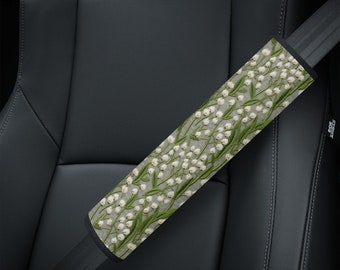 Lily of the Valley Seat Belt Cover, Cottagecore SeatBelt Cover Green, Boho Floral Car Seat Belt Strap Cover Sage, Car Gift, Faux Embroidery