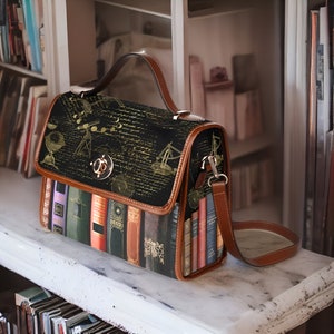 Bolso de libro, bolso de libro, bolso de cartera Bookcore, bolso de cuero vegano de libro vintage, bolso bandolera de biblioteca, estética de la academia, manuscrito de Galileo Brown Trim