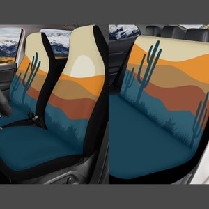 Juego completo de fundas para asientos de coche Boho Sun, fundas para asientos de coche con diseño de desierto, fundas para asientos de coche con diseño de cactus, regalo para coche, azul oscuro, naranja