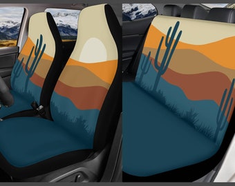 Boho Sun Car Seat Cover Full Set, Desert Seat Covers for Car, Cactus Car Seat Covers for Vehicle, Car Gift, Dark Blue, Orange