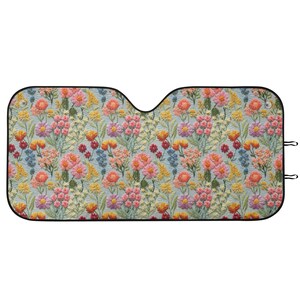 Summer Flower Cluster Windshield Sun Shade, Boho Floral Windshield Sunshade for Car, Cottagecore Sun Visor for Windshield, Faux Embroidery
