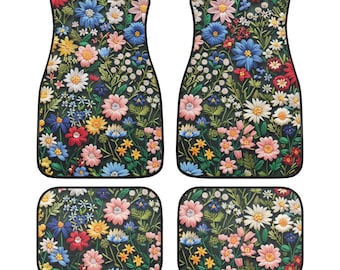 Wildflower Summer Car Floor Mats, Cottagecore Car Mats, Boho Car Decor Cute Car Accessories Floral, Faux Embroidery