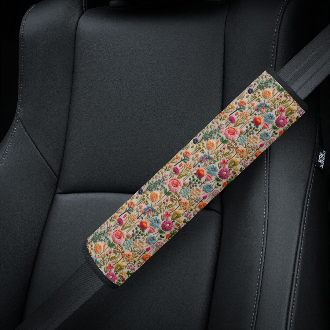 Rainbow Flower Meadow Seat Belt Cover, Cottagecore Seatbelt Cover, Boho