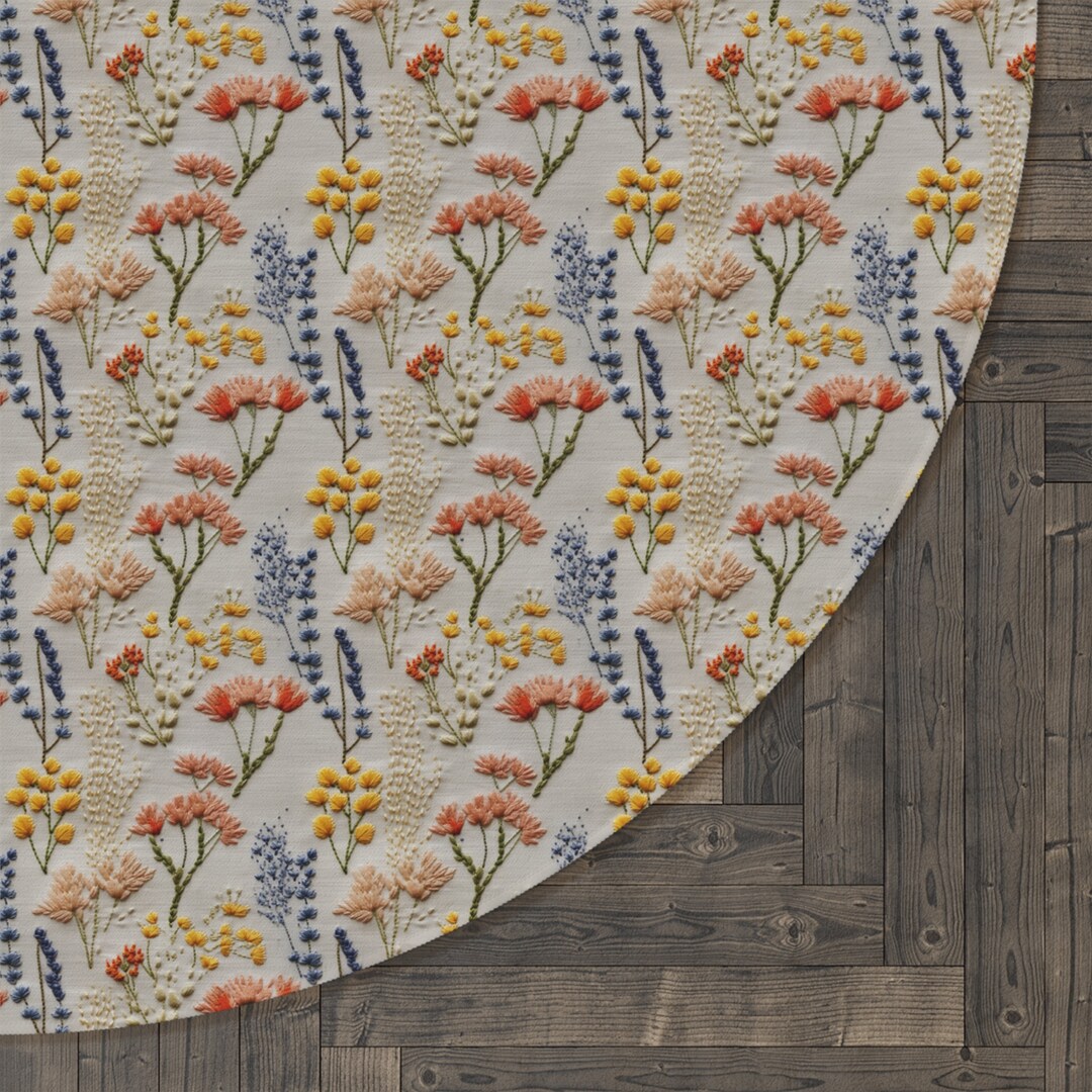 Wildflower Branches Round Rug Faux Embroidery, Boho Floral Area Rug