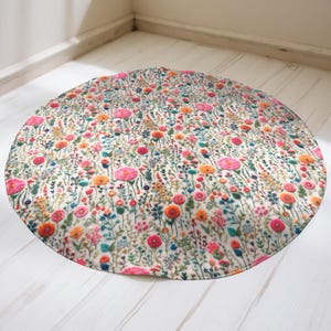 Ronde vloermat kleine wilde bloemen Kleurrijk tapijt met wilde bloemen Tapijt met bloemenaccent sponsachtig zacht tapijt voor slaapkamer kinderkamer namaakborduurwerk