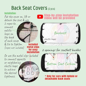 May include: Two-piece back seat covers featuring a white center panel with black borders and elastic loops. Includes two metal clips for installation, two openings for seatbelt buckles, and text instructions for securing the covers to foldable seats.