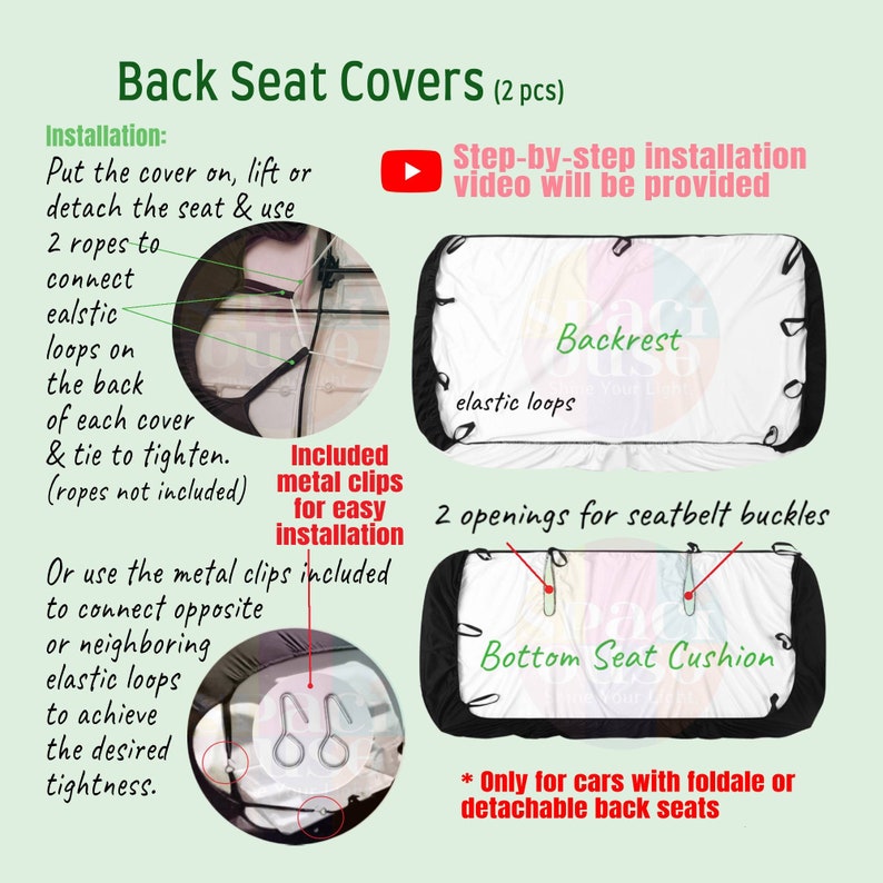 May include: Two-piece back seat covers featuring a white center panel with black borders and elastic loops. Includes two metal clips for installation, two openings for seatbelt buckles, and text instructions for securing the covers to foldable seats.