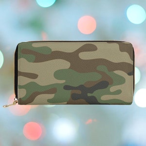 Cartera de camuflaje para mujer, bonita cartera de camuflaje verde con cremallera, cartera de mano estilo militar con bolsillo para monedas, monedero estético de cuero vegano, regalo para ella.