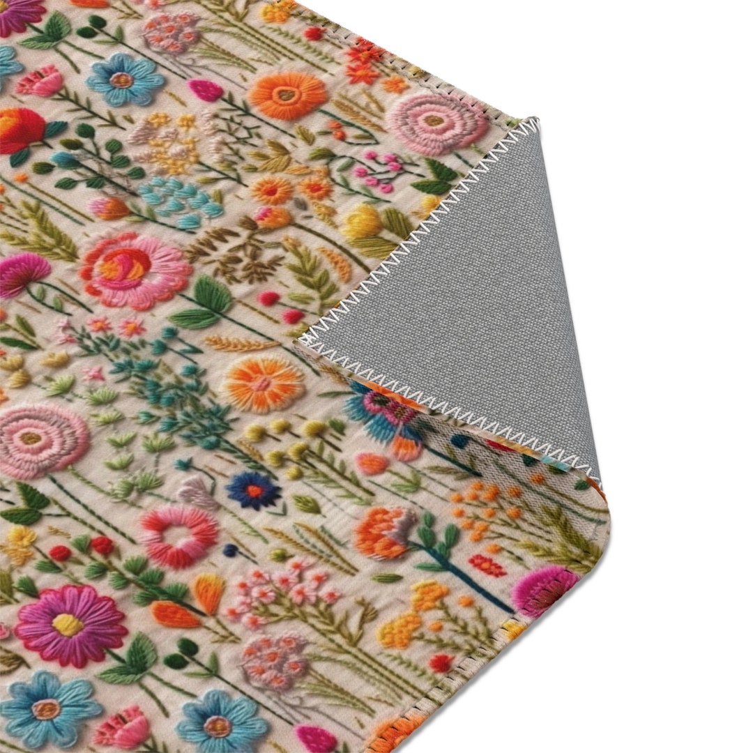 Rainbow Flower Meadow Rug, Floral Area Rug, Cottagecore Floor Mat