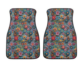 Enchanted Garden Car Floor Mats for Women, Indigo Floral Car Mats Cottagecore Faux Embroidery