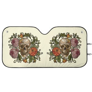 Skull & Roses Windschutzscheibe Sonnenschutz, Gothic Windschutzscheibe Sonnenschutz, Gothic Sonnenschutz für Auto, Sonnenblende für Auto Windschutzscheibe, Ästhetisches Auto Dekor