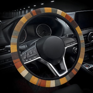 Boho Ethnic Stripes Car Steering Wheel Cover for Women, Brown Car Steering Wheel Cover, Mustard Car Wheel Cover Boho, Aesthetic Car Decor