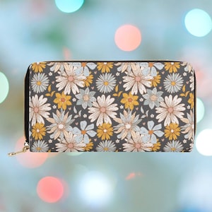 Cartera Daisy para mujer, color azul, estilo bohemio, con cremallera y diseño floral, estilo cottagecore, de piel vegana, ideal como regalo.