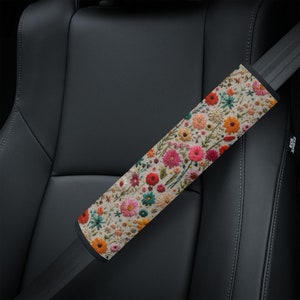 Summer Flower Seat Belt Cover Faux Embroidery, Boho Floral Seat Belt Strap Cover, Cottagecore Car Seat Belt Pad, Aesthetic Car Gift for Her