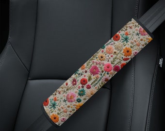 Summer Flower Seat Belt Cover Faux Embroidery, Boho Floral Seat Belt Strap Cover, Cottagecore Car Seat Belt Pad, Aesthetic Car Gift for Her
