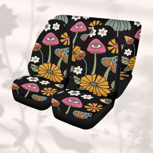 Retro Mushroom Magenta Car Seat Cover Full Set, Black Cottagecore Seat Covers for Women, Car Seat Covers for Vehicle, Aesthetic Car Decor