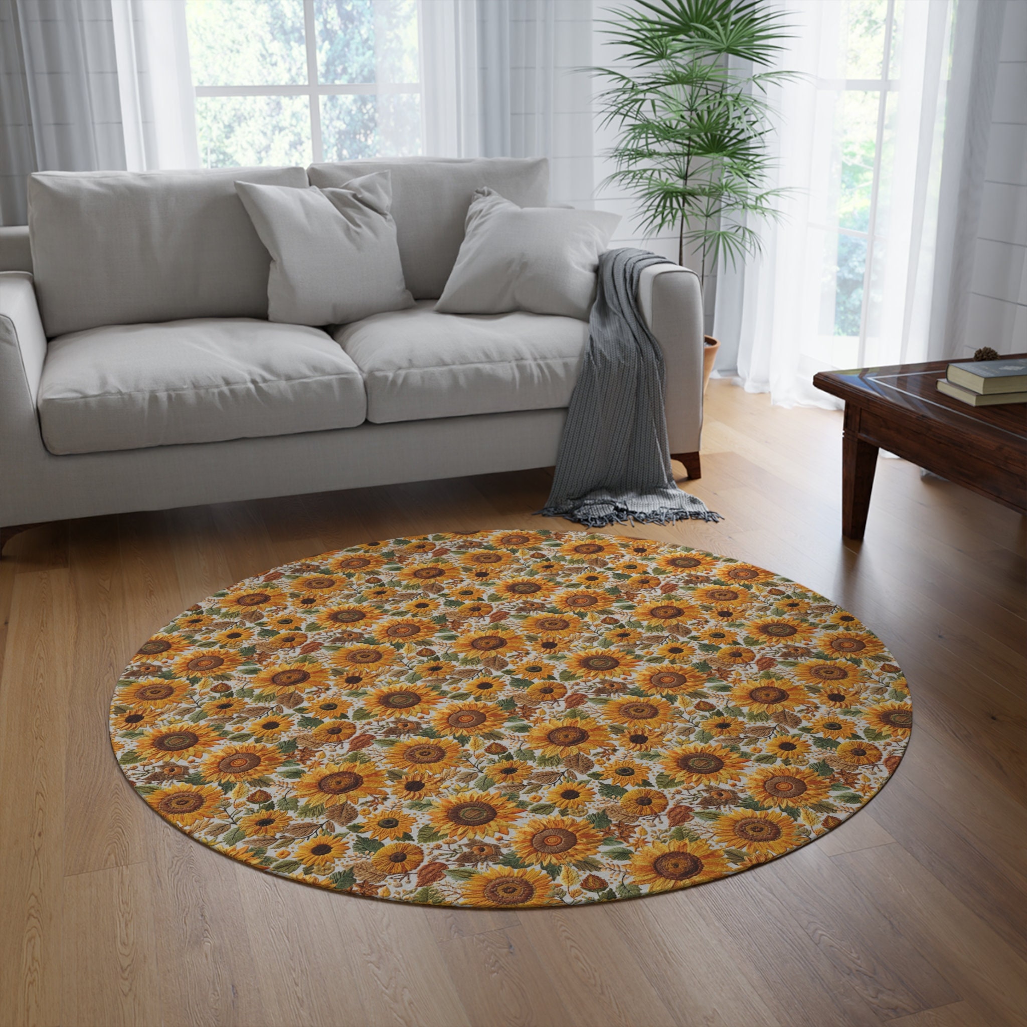 Cottage Rug Round Sunflower Meadow Round Rug, Cottagecore Round Area Rug Colorful, Boho ...