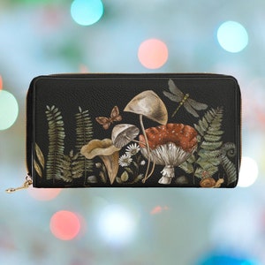 Mushroom Wallet for Women, Dark Academia Zipper Wallet Black, Cottagecore Wallet Coin Pocket, Aesthetic Vegan Leather Purse PU, Gift for Her