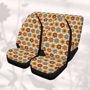 Smiley Flower Seat Cover for Car Full Set Cute, Retro Floral Car Seat Covers for Women, Hippie Seat Cover for Vehicle, Aesthetic Car Decor