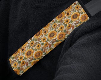 Sonnenblumenwiese Sicherheitsgurtbezug, Boho Blumen Sitzgurtbezug, süßes Autositzgurtband, Blumenästhetik Autodekorgeschenk, Faux Stickerei
