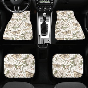 Wild Flowers Car Mats, Boho Floral Car Floor Mat, Butterfly Moth Car Floor Mats for Women, White Car Mats Aesthetic, Beige