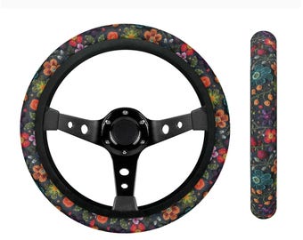 Funda para volante de coche estilo cottagecore de medianoche, bonita funda para volante de coche, funda para volante floral estilo bohemio, regalo para ella, decoración para coche con bordado falso