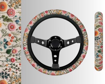 Tiny Wildflowers Steer Wheel Cover, Flora Car Wheel Cover for Women, Steering Wheel Cover Cute, Car Decor Boho, Car Gift, Faux Embroidery