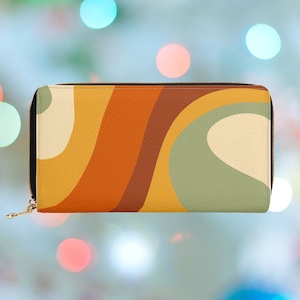 Portefeuille rétro groovy pour femme, portefeuille à fermeture éclair des années 70, grand portefeuille esthétique avec poche pour pièce, portefeuille esthétique en similicuir végétalien, cadeau pour elle