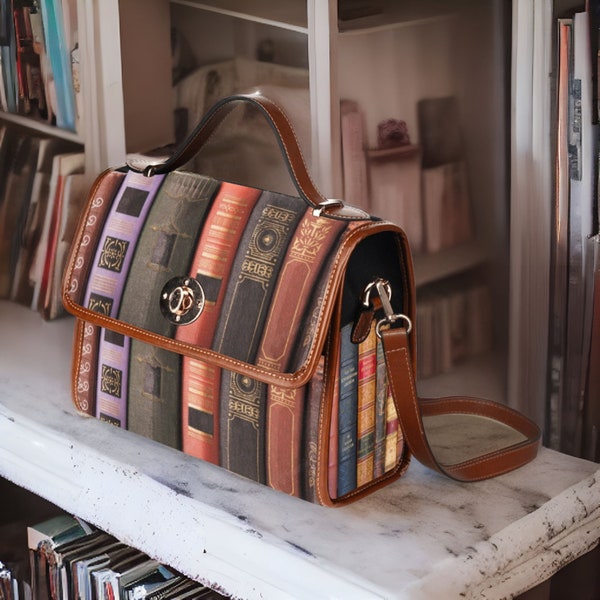 Vintage Book Spines Satchel, Book Purse, Bookcore Satchel Bag, Bookish Vegan Leather Bag, Library Crossbody Bag, Academia Aesthetic