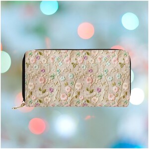 Cartera rosa con flores silvestres para mujer, monedero con cremallera floral y monedero de piel sintética vegana, bonito regalo vegano rosa para ella, bordado artificial
