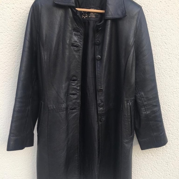 Manteau vintage tout saison en cuir noir pour femme