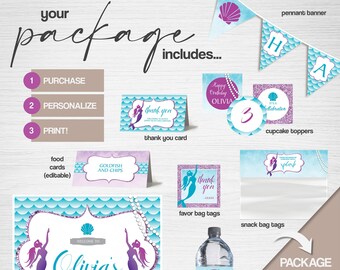 May include: A printable mermaid-themed party package includes a welcome sign, cupcake toppers, favor bag tags, snack bag tags, food cards, thank you cards, and a water bottle label. The package is personalized with the name "Olivia's" and the text "Under the Sea Shellabration".