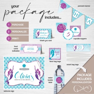 May include: A printable mermaid-themed party package includes a welcome sign, cupcake toppers, favor bag tags, snack bag tags, food cards, thank you cards, and a water bottle label. The package is personalized with the name "Olivia's" and the text "Under the Sea Shellabration".